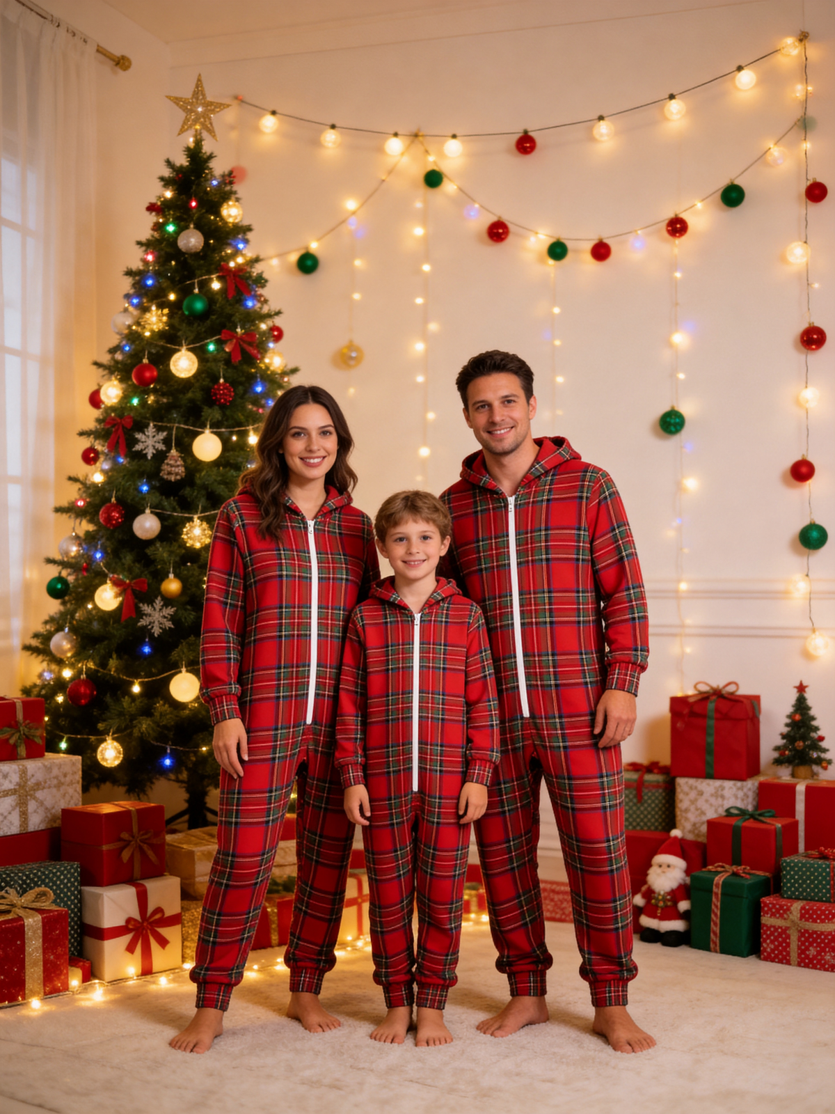 Family Hooded Onesie Christmas Zip-Up Loungewear - Bright Red Tartan Plaid Christmas Pajamas