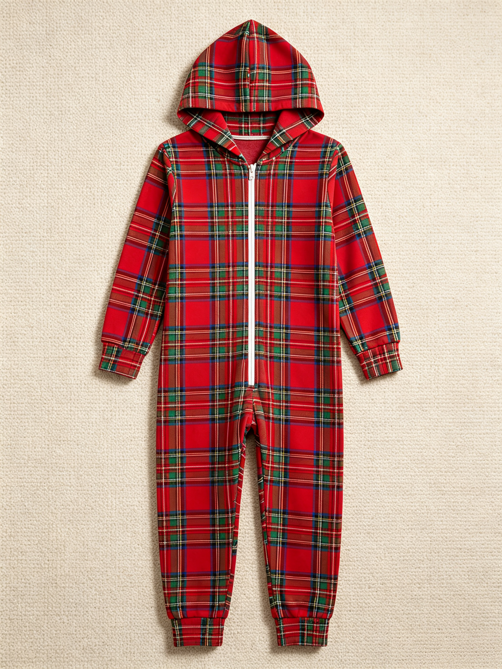 Family Hooded Onesie Christmas Zip-Up Loungewear - Bright Red Tartan Plaid Christmas Pajamas