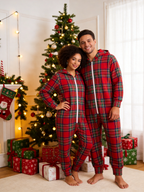 Women Hooded Onesie Christmas Zip-Up Loungewear - Bright Red Tartan Plaid Christmas Pajamas