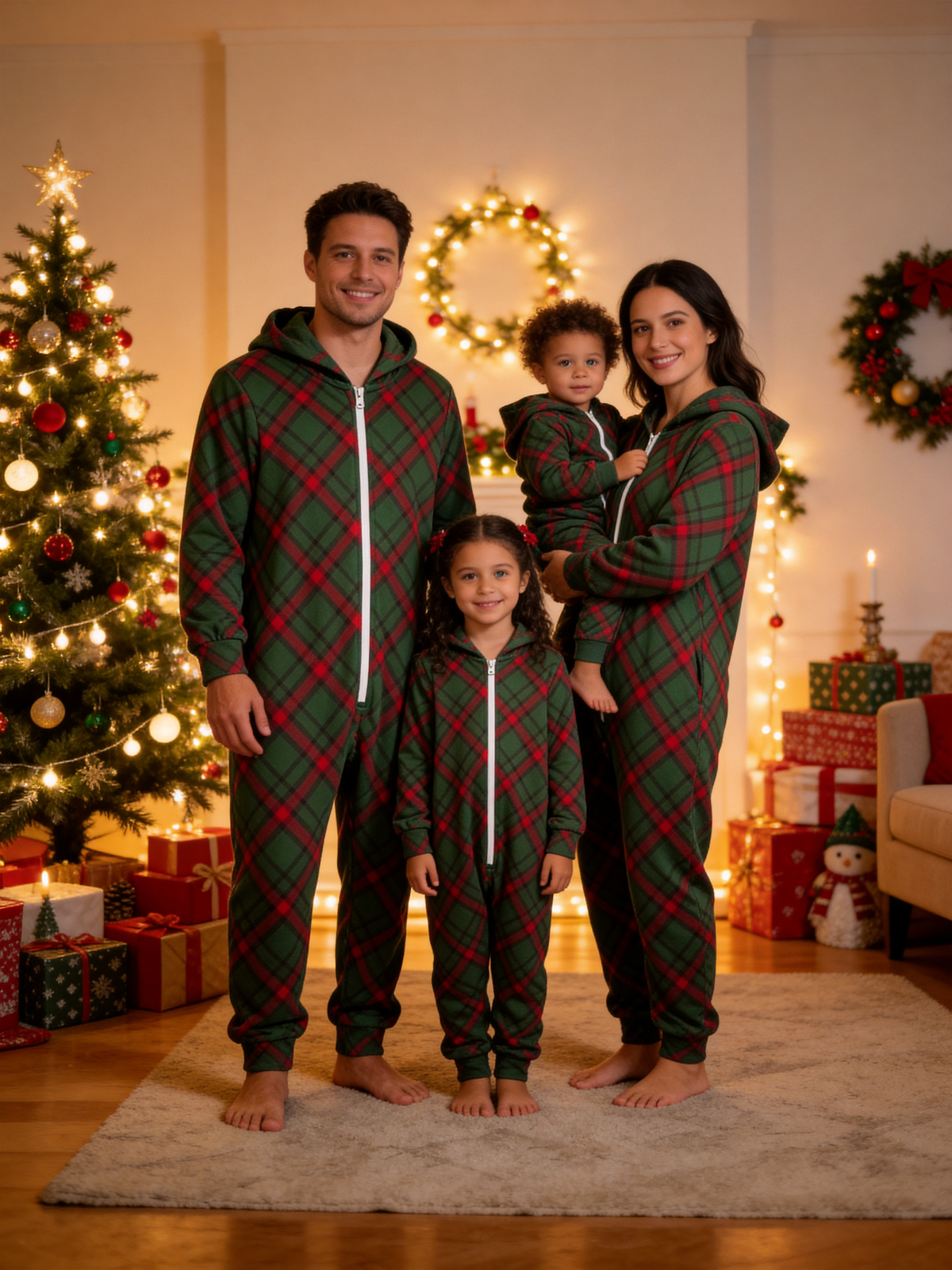 Family Hooded Onesie Christmas Zip-Up Loungewear - Green Diagonal Tartan Plaid Romper