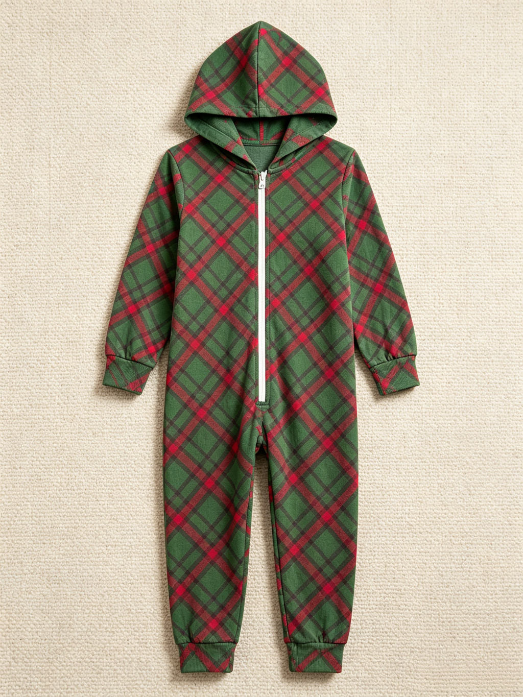 Women Hooded Onesie Christmas Zip-Up Loungewear - Green Diagonal Tartan Plaid Romper