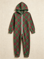 Women Hooded Onesie Christmas Zip-Up Loungewear - Green Diagonal Tartan Plaid Romper