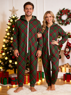 Women Hooded Onesie Christmas Zip-Up Loungewear - Green Diagonal Tartan Plaid Romper