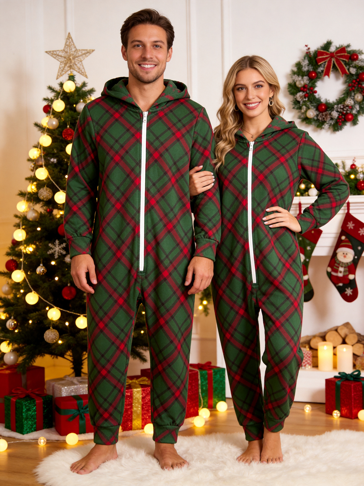 Women Hooded Onesie Christmas Zip-Up Loungewear - Green Diagonal Tartan Plaid Romper