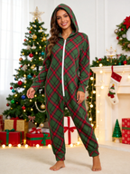Women Hooded Onesie Christmas Zip-Up Loungewear - Green Diagonal Tartan Plaid Romper