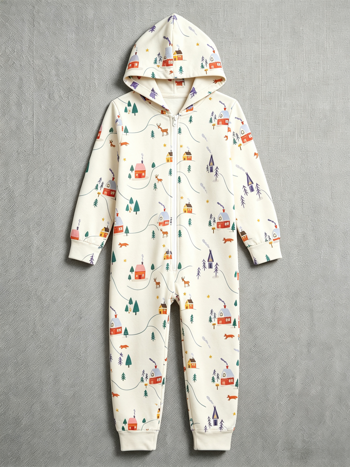 Winter Wonderland Village & Deers Hooded Jumpsuit Women Pajamas