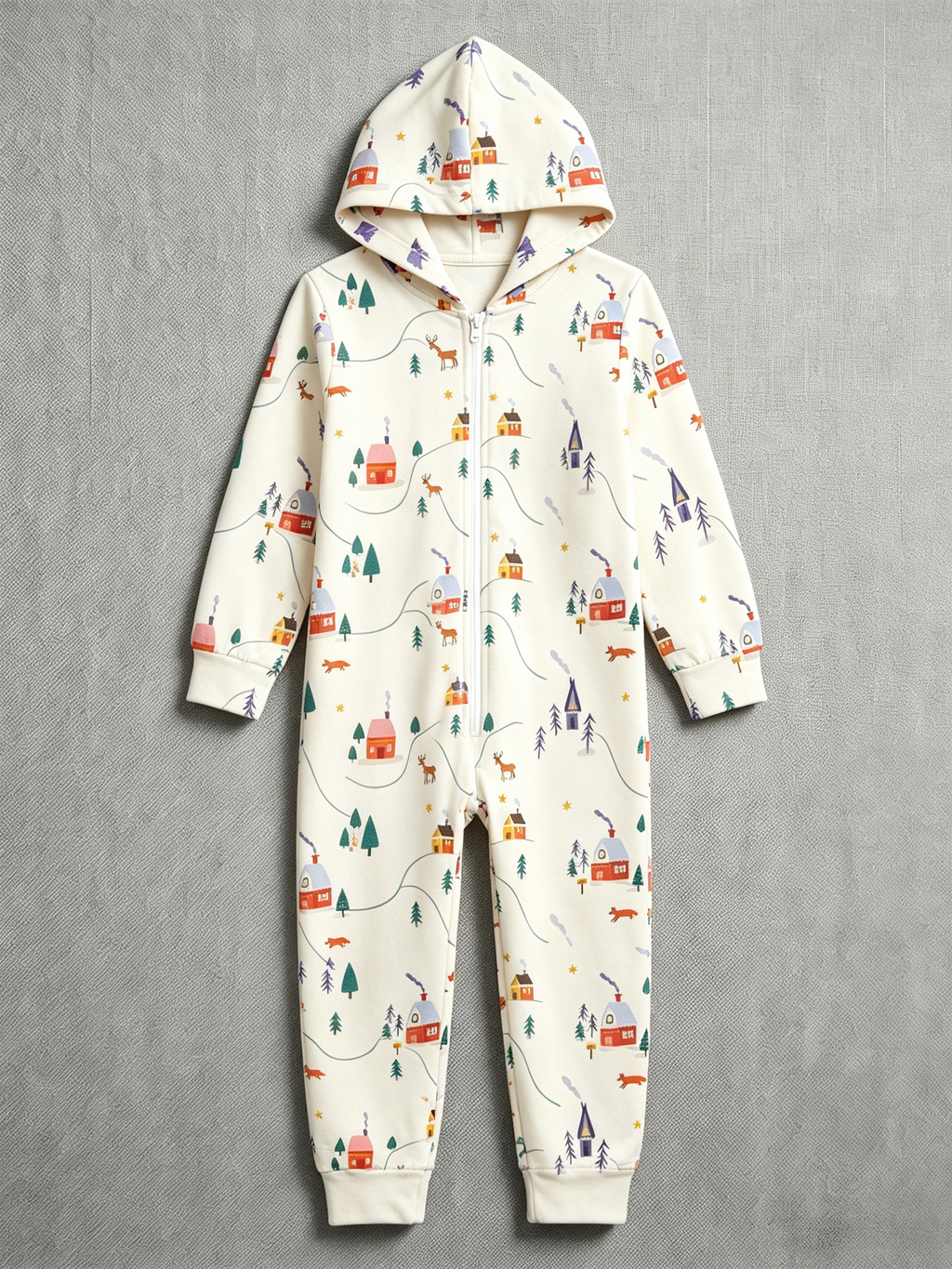 Winter Wonderland Village & Deers Hooded Jumpsuit Family Pajamas