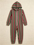 Women Hooded Onesie Christmas Zip-Up Loungewear - Red & Green Striped Holiday Sleepwear