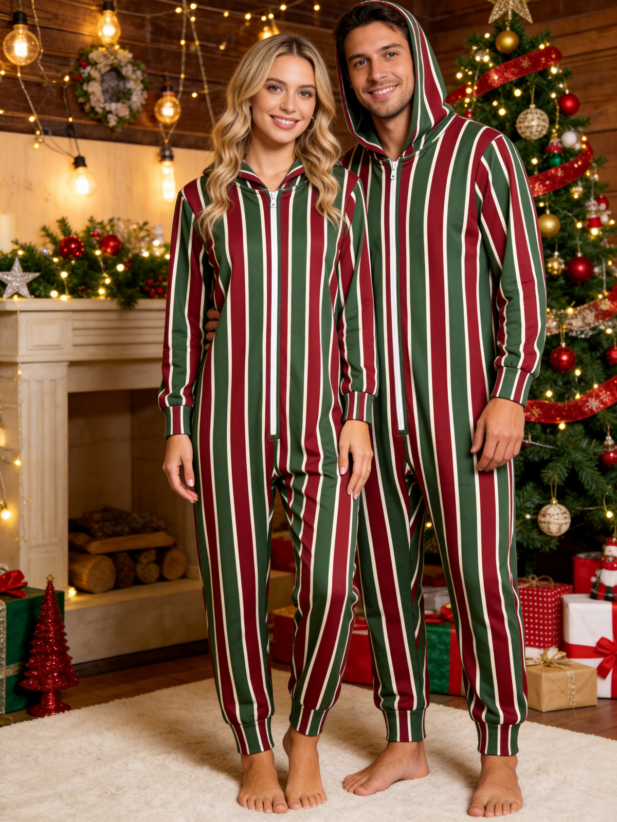 Women Hooded Onesie Christmas Zip-Up Loungewear - Red & Green Striped Holiday Sleepwear