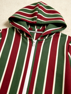 Women Hooded Onesie Christmas Zip-Up Loungewear - Red & Green Striped Holiday Sleepwear
