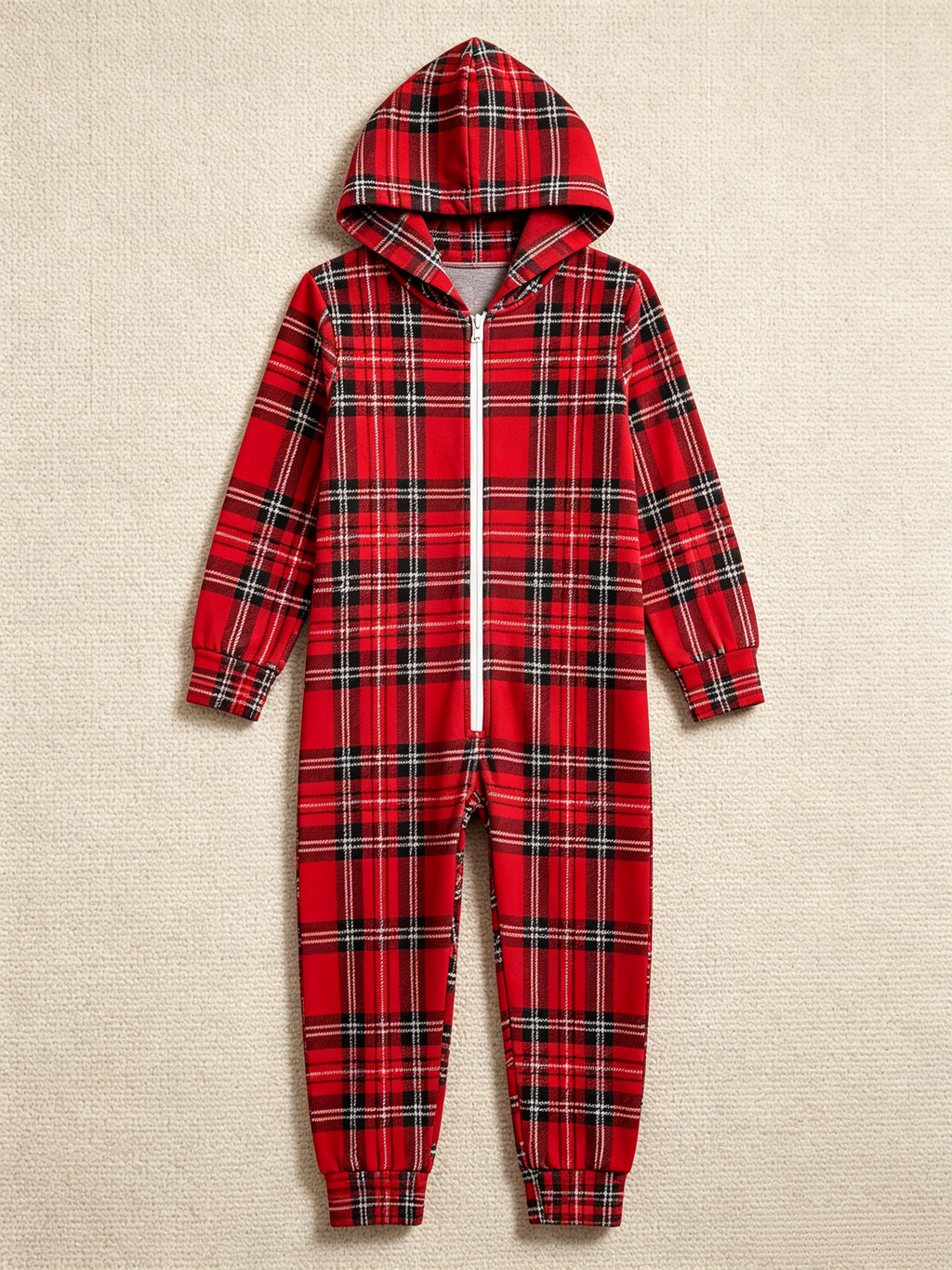 Women Hooded Onesie Christmas Zip-Up Loungewear - Vibrant Red Tartan Plaid Holiday Pajamas