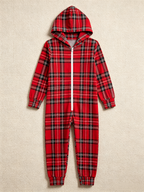 Women Hooded Onesie Christmas Zip-Up Loungewear - Vibrant Red Tartan Plaid Holiday Pajamas