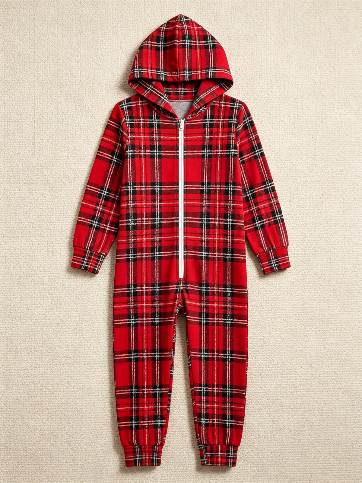 Women Hooded Onesie Christmas Zip-Up Loungewear - Vibrant Red Tartan Plaid Holiday Pajamas