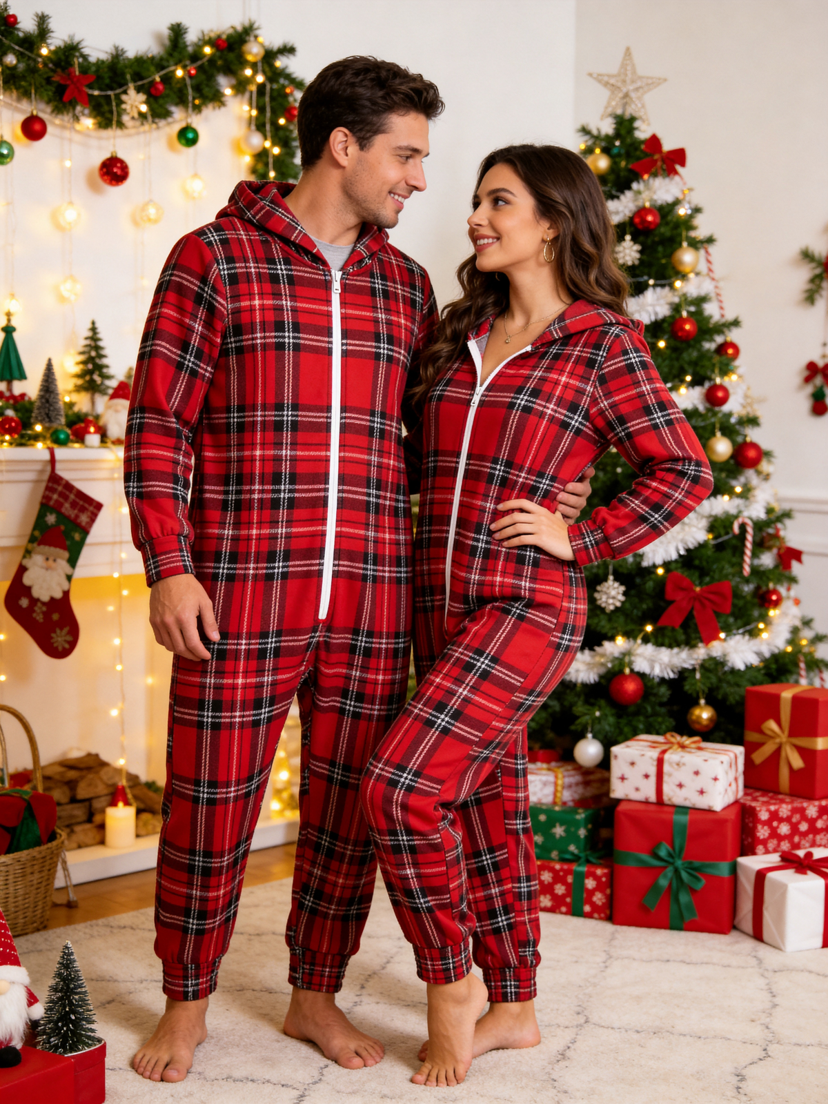 Women Hooded Onesie Christmas Zip-Up Loungewear - Vibrant Red Tartan Plaid Holiday Pajamas