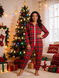 Women Hooded Onesie Christmas Zip-Up Loungewear - Vibrant Red Tartan Plaid Holiday Pajamas