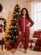 Women Hooded Onesie Christmas Zip-Up Loungewear - Vibrant Red Tartan Plaid Holiday Pajamas