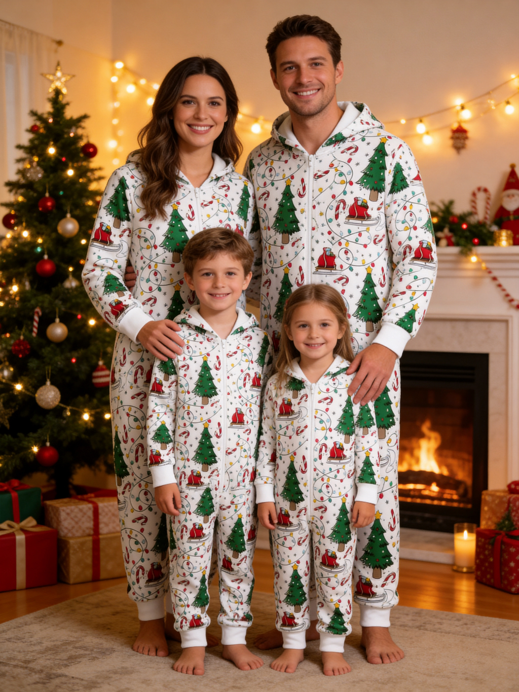 Christmas Tree & Sleigh Print Family Hooded Onesie - Zip-Up Loungewear Jumpsuit