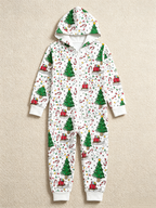 Christmas Tree & Sleigh Print Family Hooded Onesie - Zip-Up Loungewear Jumpsuit