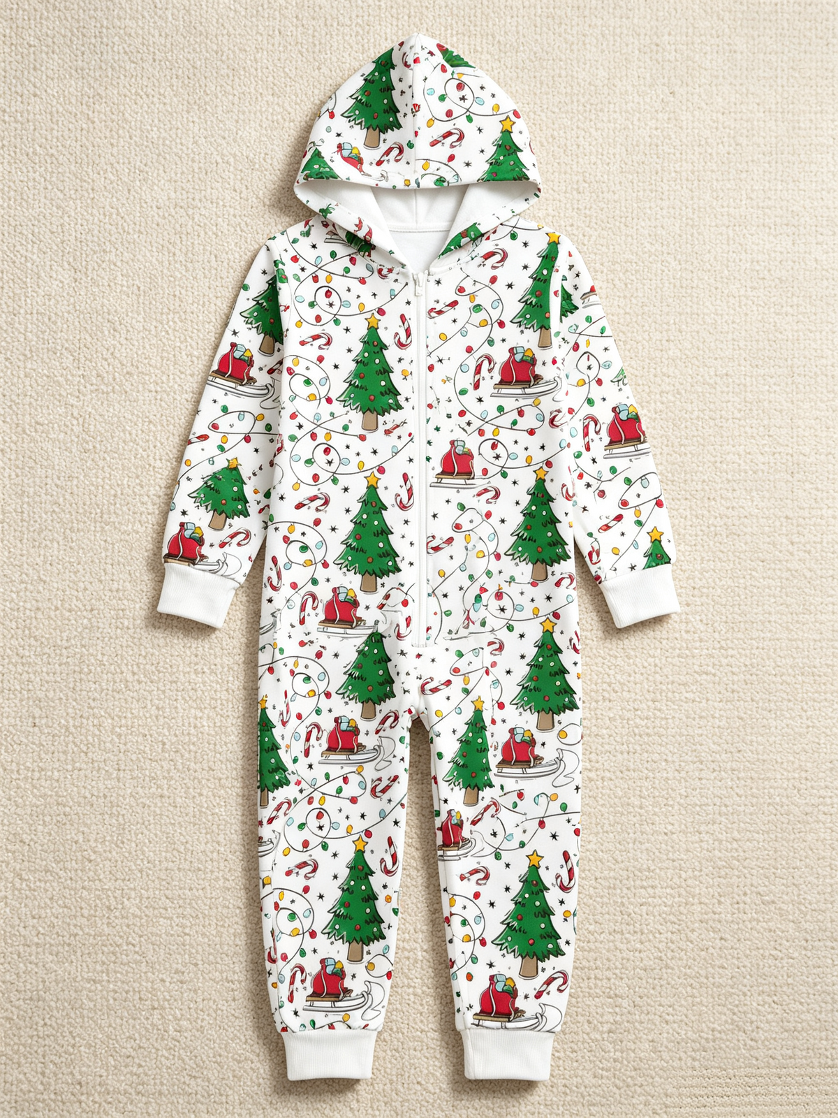 Christmas Tree & Sleigh Print Women Hooded Onesie - Zip-Up Loungewear Jumpsuit