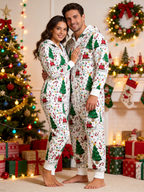 Christmas Tree & Sleigh Print Women Hooded Onesie - Zip-Up Loungewear Jumpsuit
