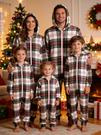 Family Hooded Onesie Christmas Zip-Up Loungewear - White Base Red & Green Plaid Sleepwear