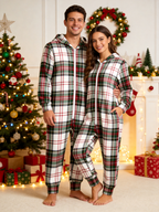 Women Hooded Onesie Christmas Zip-Up Loungewear - White Base Red & Green Plaid Sleepwear
