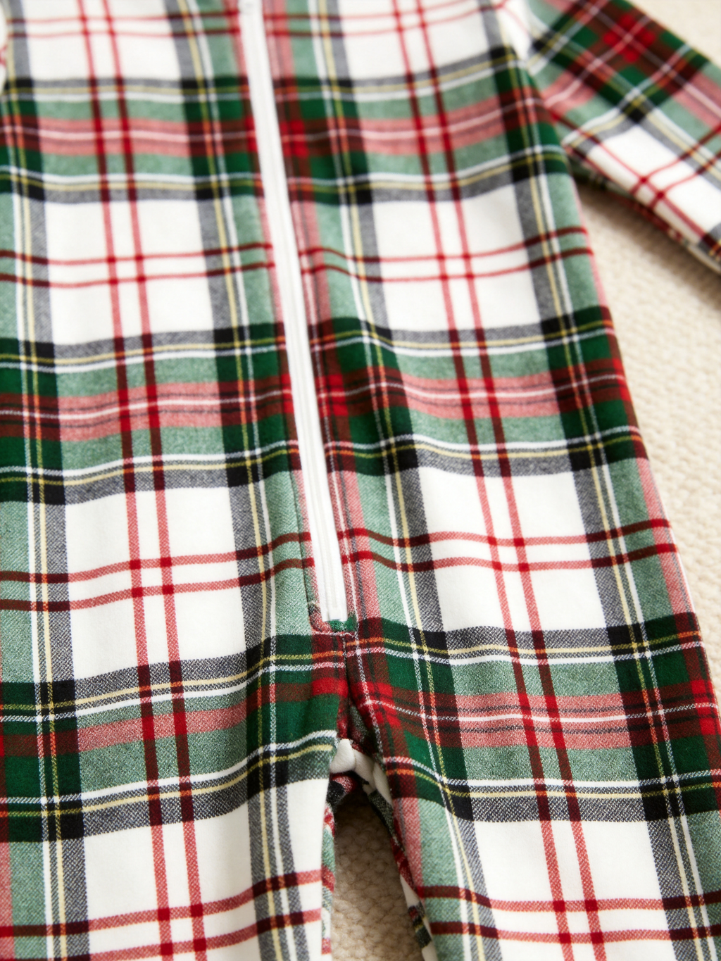 Women Hooded Onesie Christmas Zip-Up Loungewear - White Base Red & Green Plaid Sleepwear