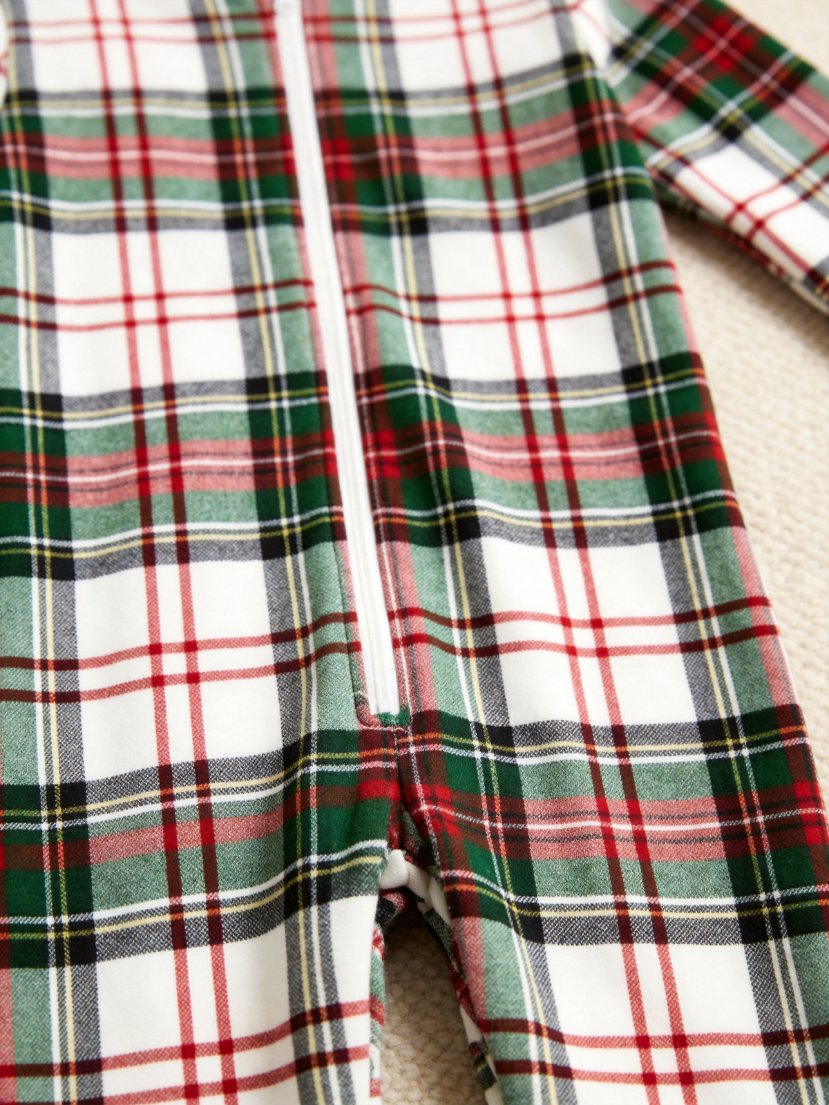 Women Hooded Onesie Christmas Zip-Up Loungewear - White Base Red & Green Plaid Sleepwear