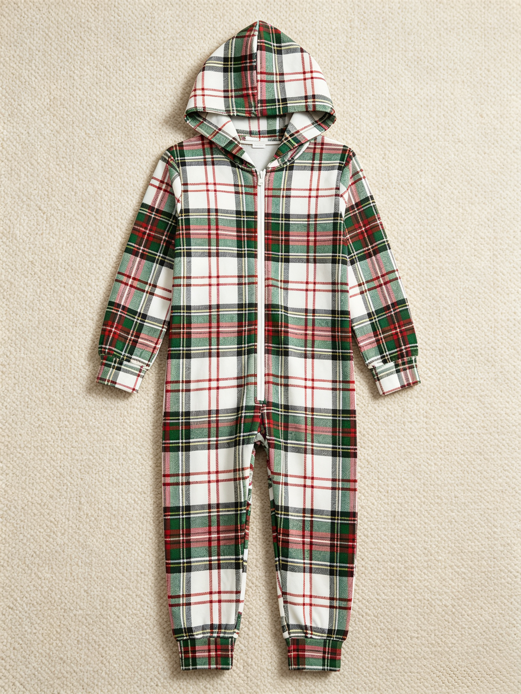 Women Hooded Onesie Christmas Zip-Up Loungewear - White Base Red & Green Plaid Sleepwear