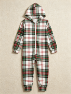 Women Hooded Onesie Christmas Zip-Up Loungewear - White Base Red & Green Plaid Sleepwear