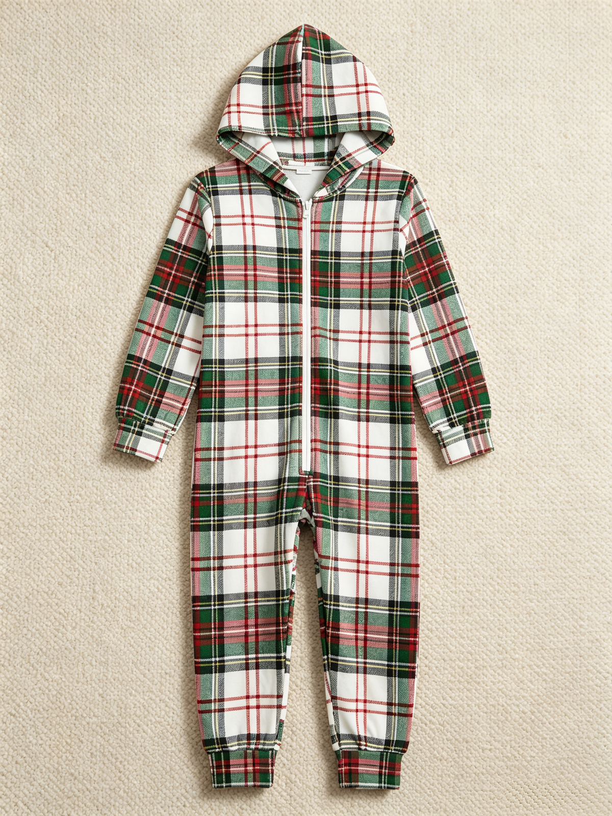 Women Hooded Onesie Christmas Zip-Up Loungewear - White Base Red & Green Plaid Sleepwear