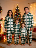 Family Hooded Onesie Christmas Zip-Up Loungewear - Dark Green & Cream Argyle Diamond Holiday Romper
