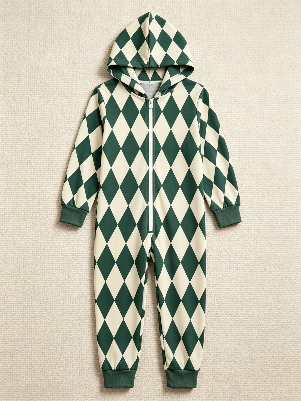 Family Hooded Onesie Christmas Zip-Up Loungewear - Dark Green & Cream Argyle Diamond Holiday Romper
