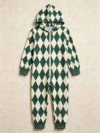 Family Hooded Onesie Christmas Zip-Up Loungewear - Dark Green & Cream Argyle Diamond Holiday Romper