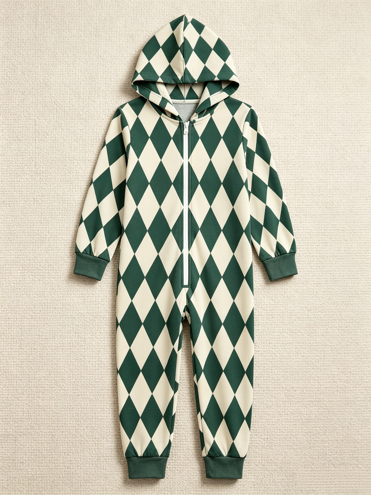 Family Hooded Onesie Christmas Zip-Up Loungewear - Dark Green & Cream Argyle Diamond Holiday Romper
