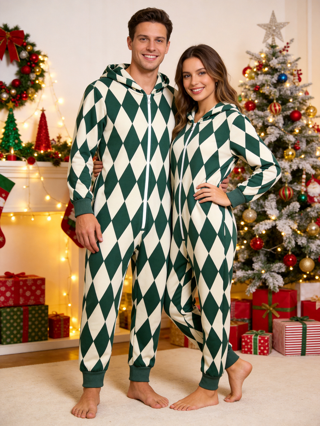 Family Hooded Onesie Christmas Zip-Up Loungewear - Dark Green & Cream Argyle Diamond Holiday Romper