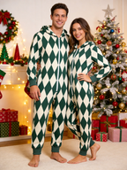 Women Hooded Onesie Christmas Zip-Up Loungewear - Dark Green & Cream Argyle Diamond Holiday Romper