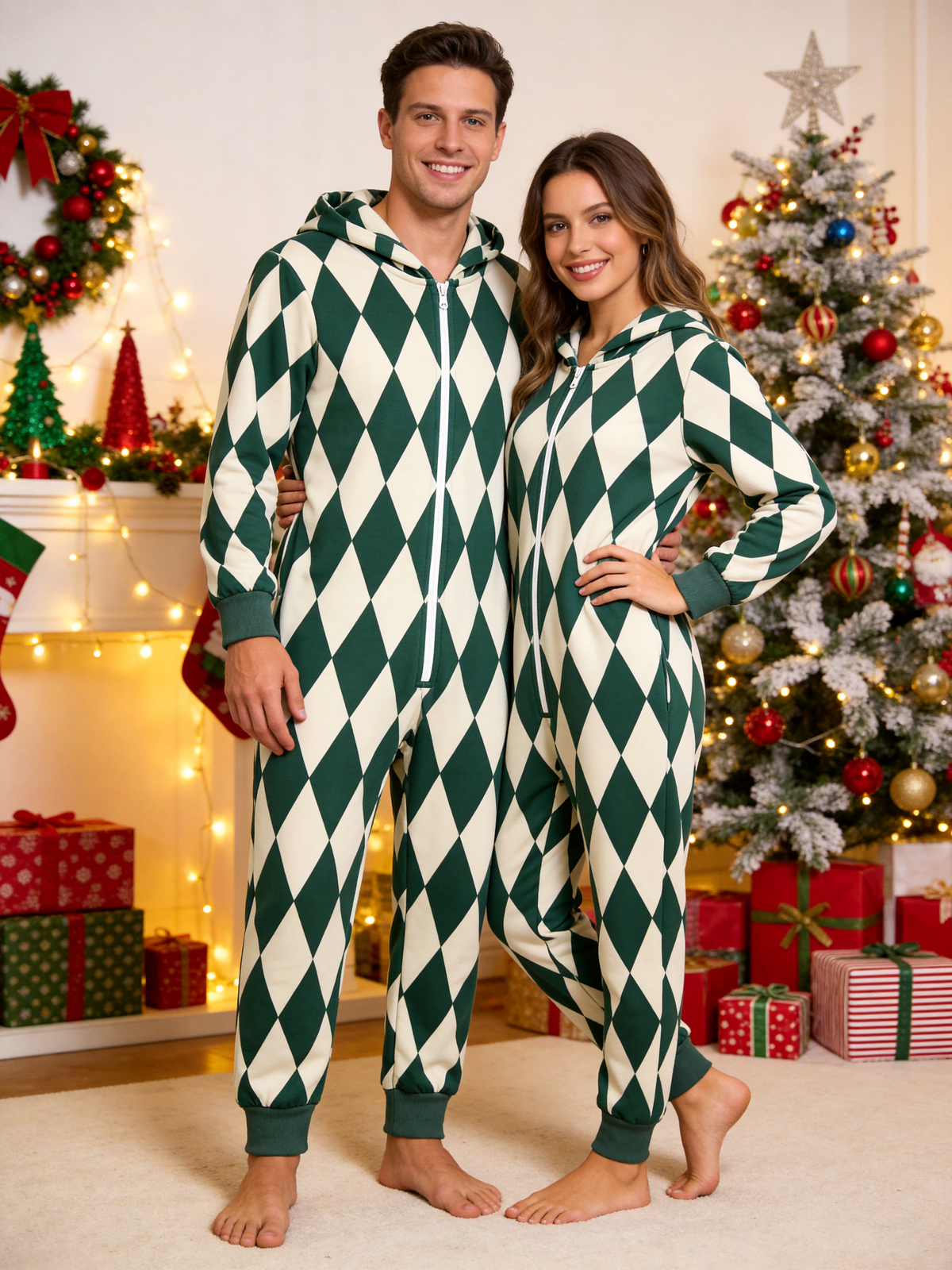 Women Hooded Onesie Christmas Zip-Up Loungewear - Dark Green & Cream Argyle Diamond Holiday Romper