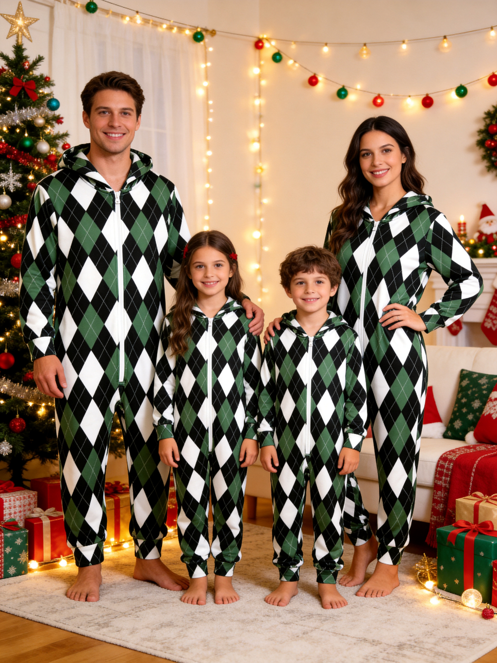 Family Hooded Onesie Christmas Zip-Up Loungewear - Sage Green & Black Argyle Check Jumpsuit
