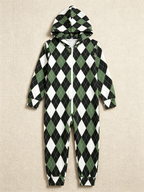 Women Hooded Onesie Christmas Zip-Up Loungewear - Sage Green & Black Argyle Check Jumpsuit
