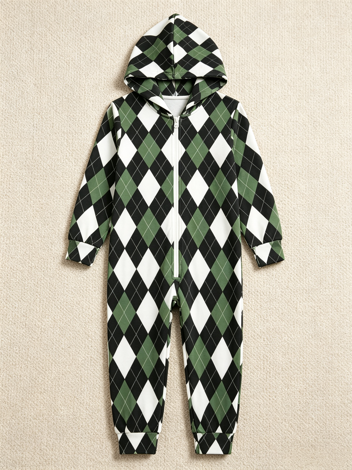 Women Hooded Onesie Christmas Zip-Up Loungewear - Sage Green & Black Argyle Check Jumpsuit