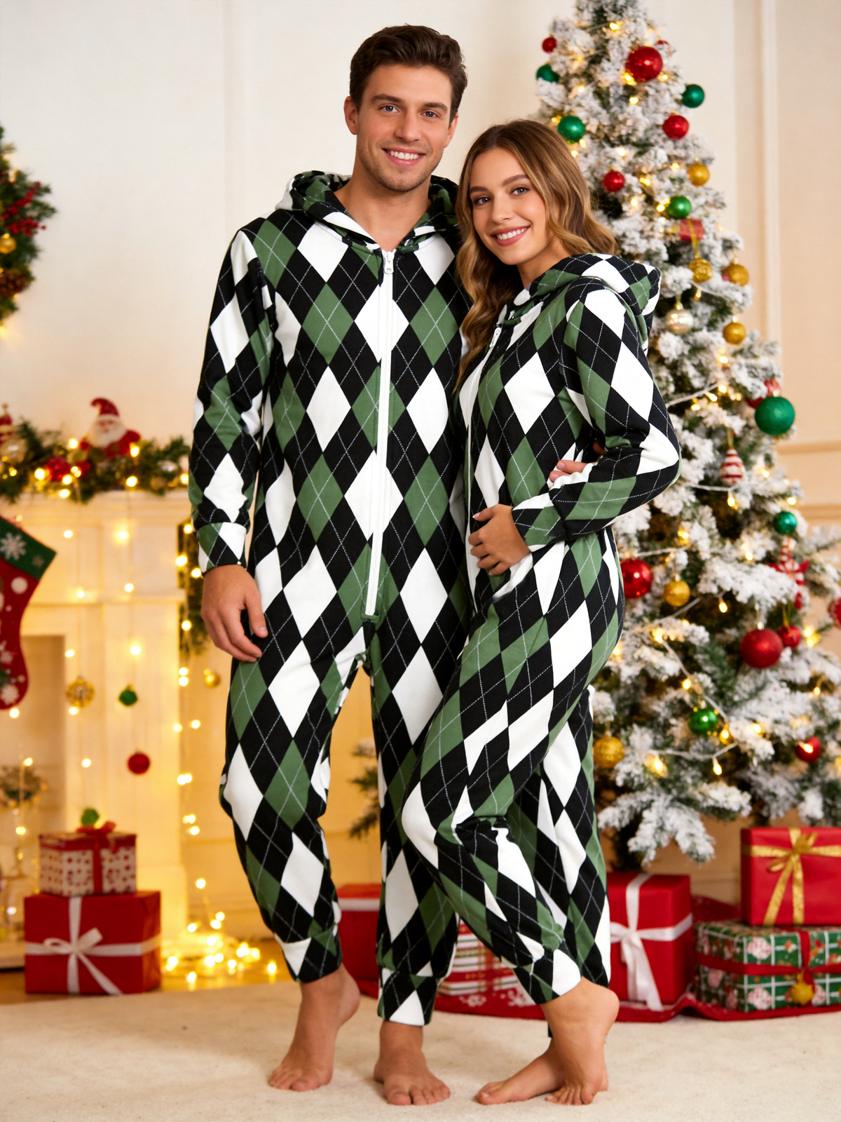 Family Hooded Onesie Christmas Zip-Up Loungewear - Sage Green & Black Argyle Check Jumpsuit