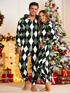 Women Hooded Onesie Christmas Zip-Up Loungewear - Sage Green & Black Argyle Check Jumpsuit