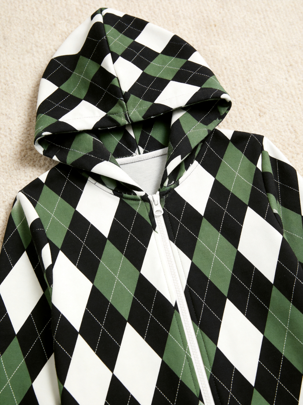 Family Hooded Onesie Christmas Zip-Up Loungewear - Sage Green & Black Argyle Check Jumpsuit