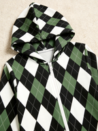 Women Hooded Onesie Christmas Zip-Up Loungewear - Sage Green & Black Argyle Check Jumpsuit