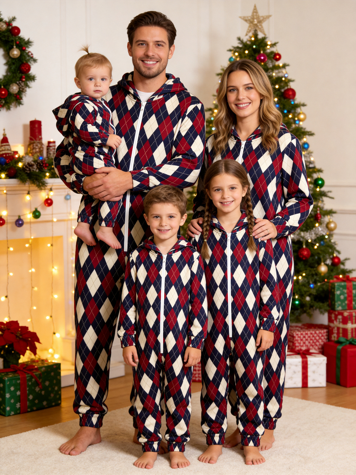 Family Hooded Onesie Christmas Zip-Up Loungewear - Navy & Burgundy Argyle Diamond Sleepwear