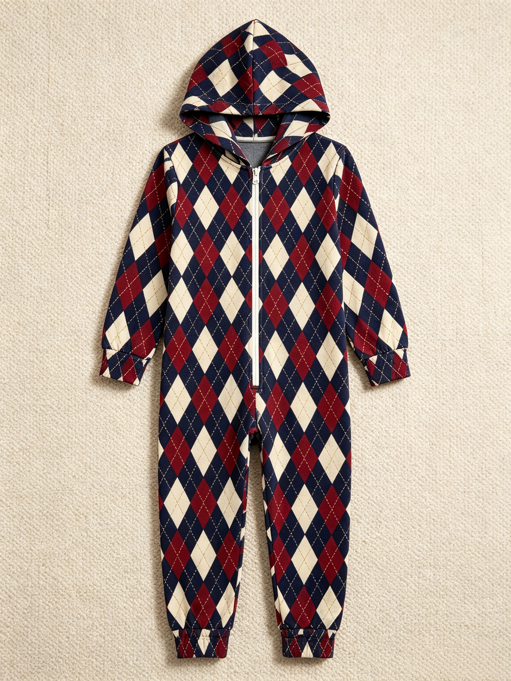 Women Hooded Onesie Christmas Zip-Up Loungewear - Navy & Burgundy Argyle Diamond Sleepwear