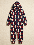 Women Hooded Onesie Christmas Zip-Up Loungewear - Navy & Burgundy Argyle Diamond Sleepwear