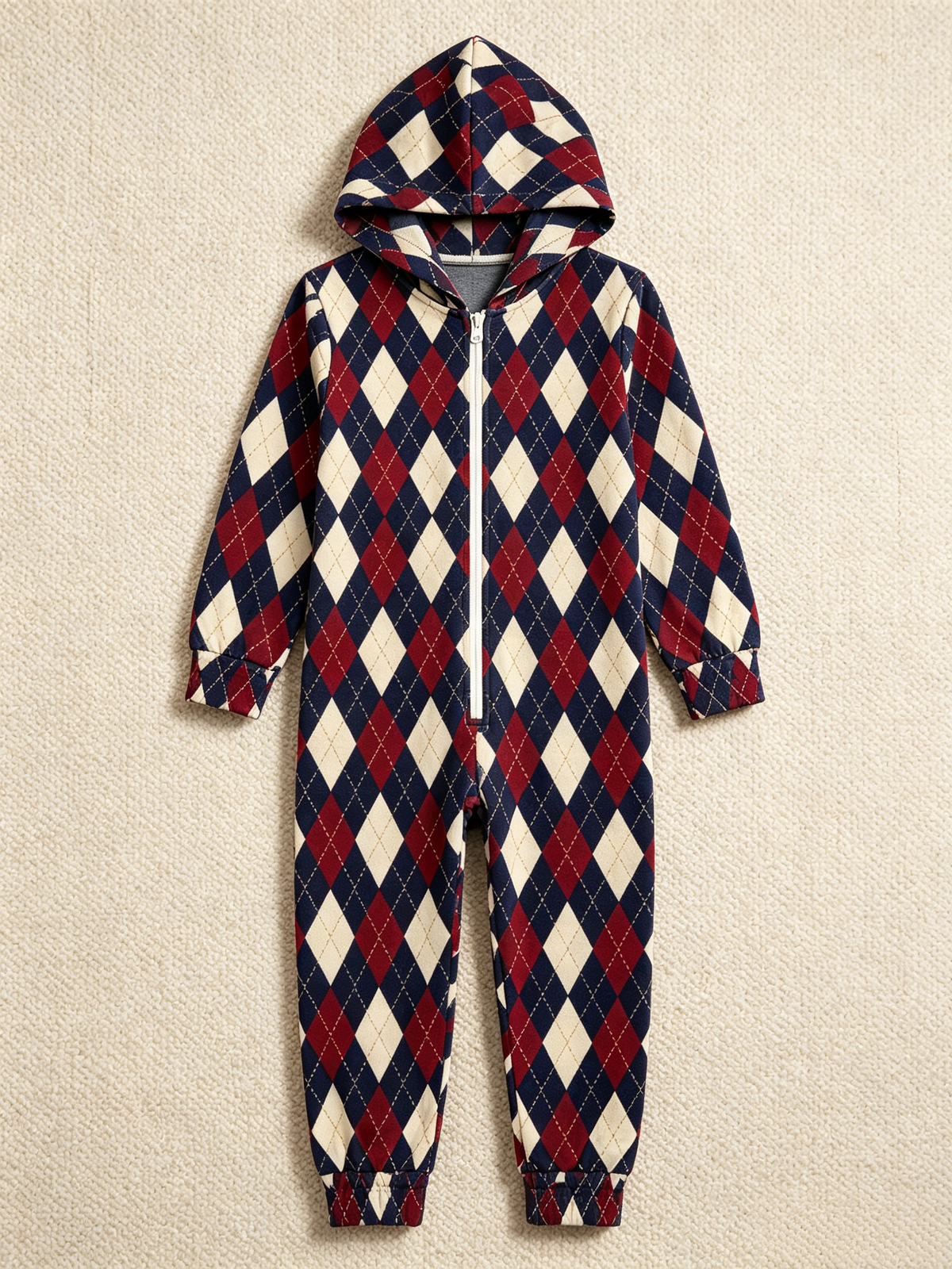 Women Hooded Onesie Christmas Zip-Up Loungewear - Navy & Burgundy Argyle Diamond Sleepwear