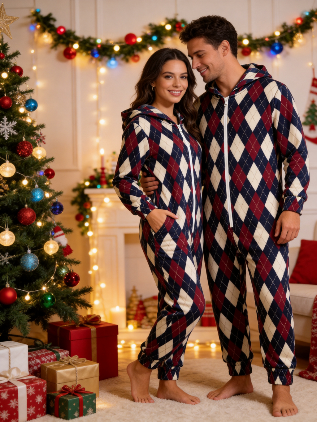 Family Hooded Onesie Christmas Zip-Up Loungewear - Navy & Burgundy Argyle Diamond Sleepwear